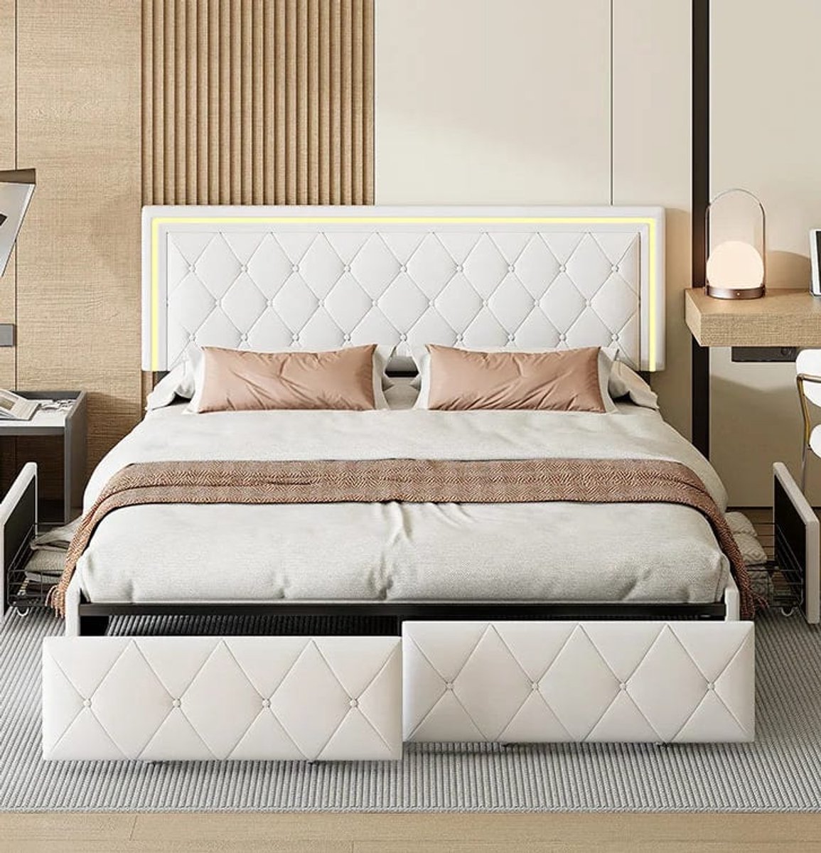 Bedframe – Bed – Tweepersoonsbed – Twijfelaar – Ledikant – Wit Kunstleer – 140x200 cm – 4 Opberglades – Soft-Close Mechanisme