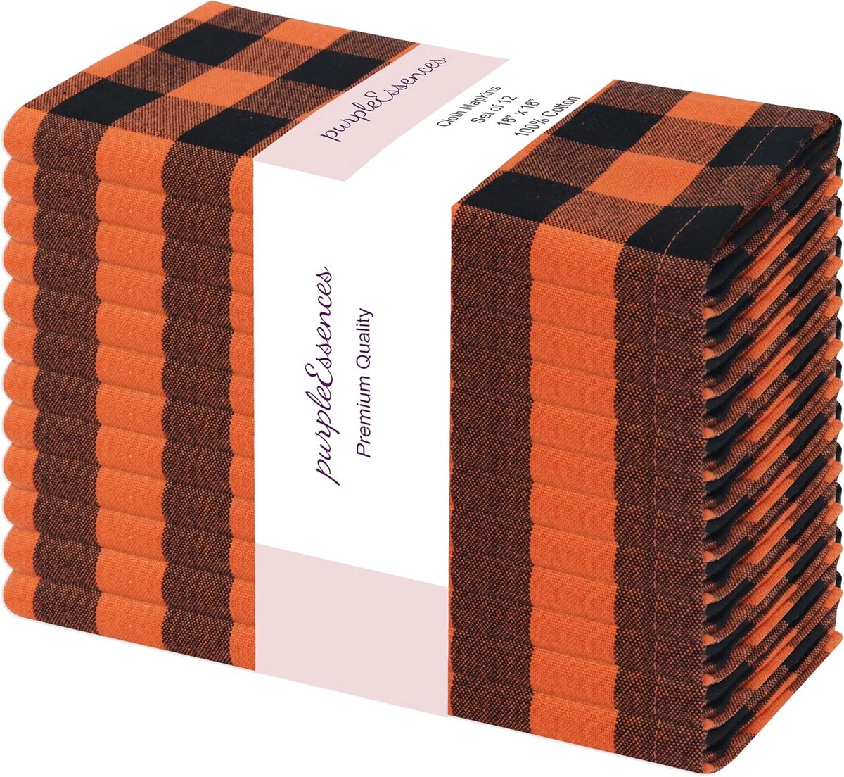Set van 12 Geruite Stoffen Servetten - Katoen - Herbruikbaar - Pastel Oranje Zwart