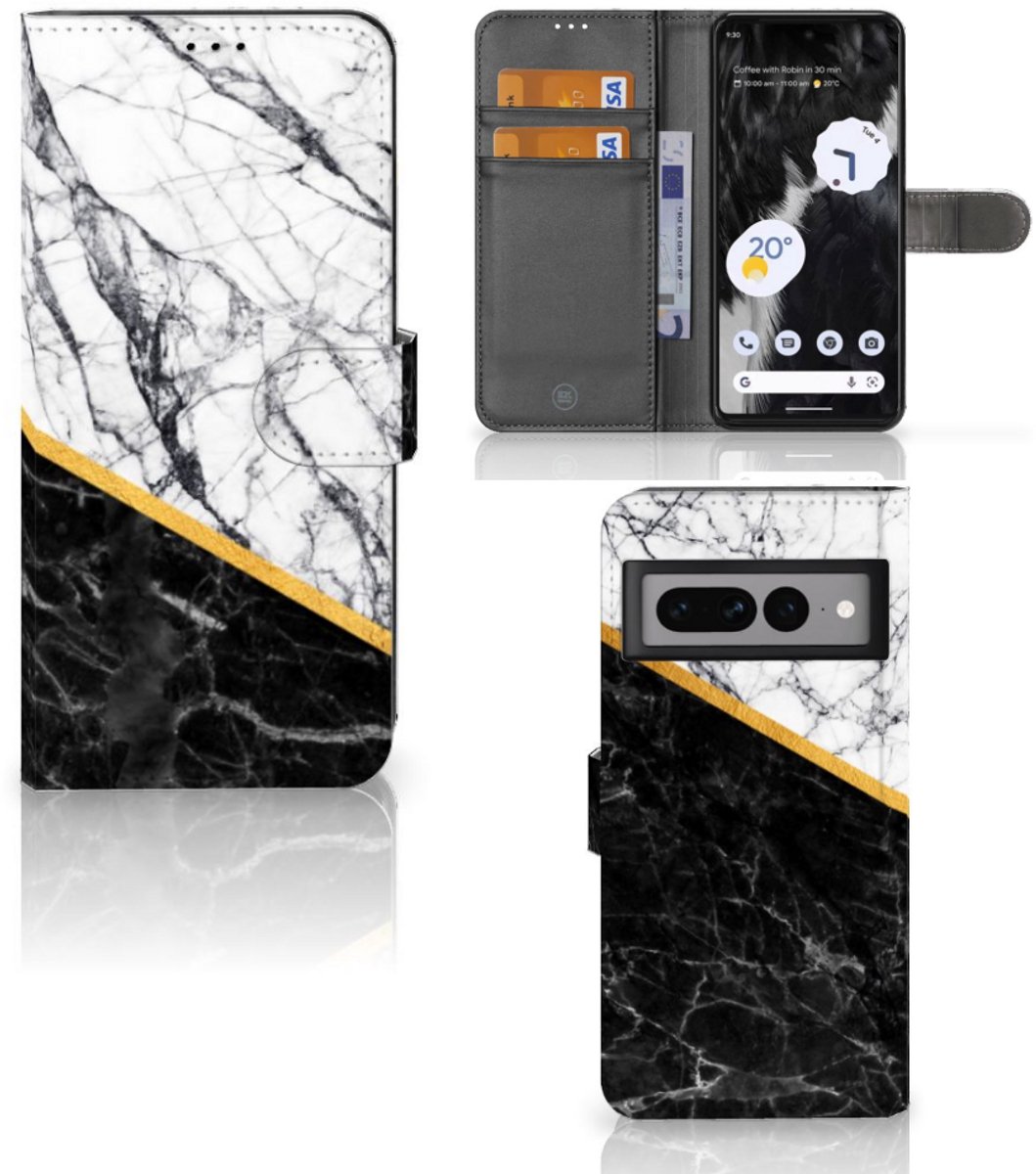 Google Pixel 7 Pro Bookcase Marmer Wit Zwart - Origineel Cadeau Man