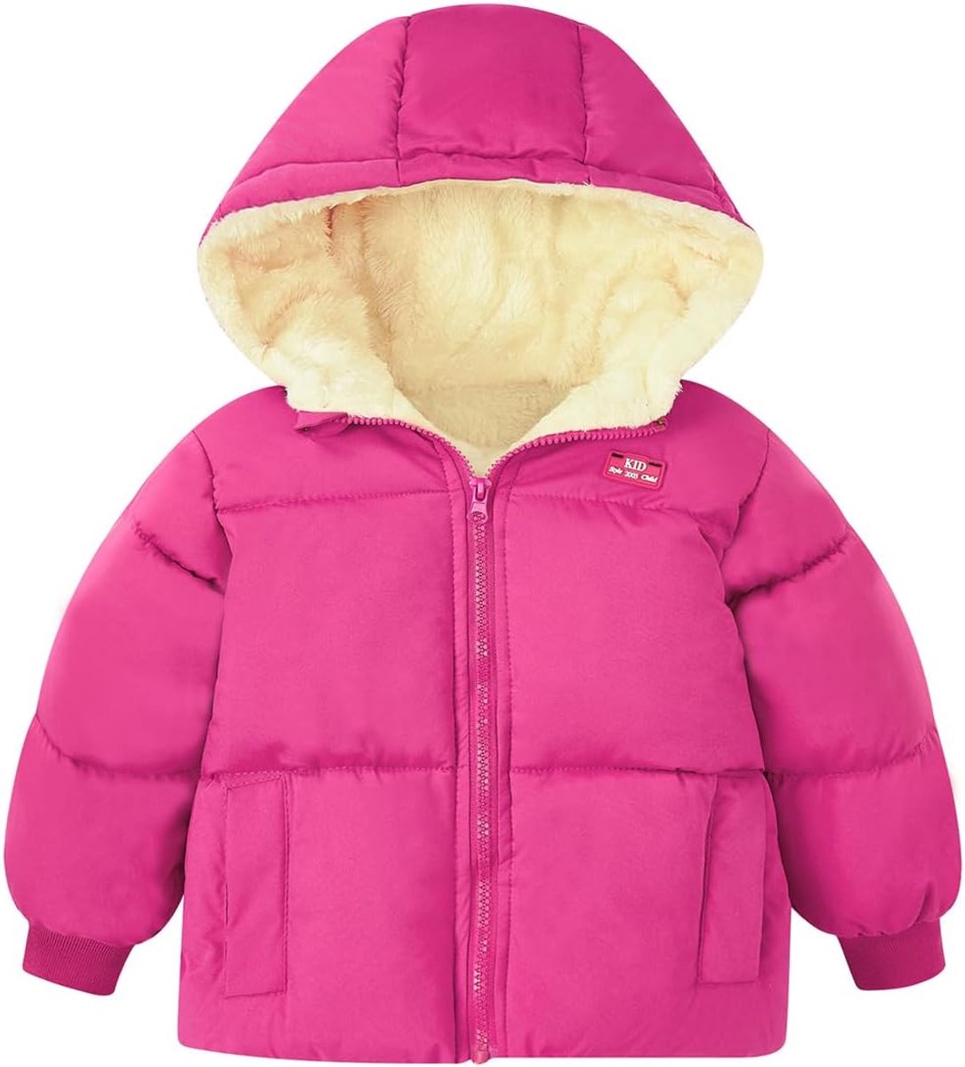 Winterjas voor baby's met capuchon - Warm fleece sneeuwpak voor jongens en meisjes 12 maanden tot 5 jaar - Winddicht en met twee zakken - Roze