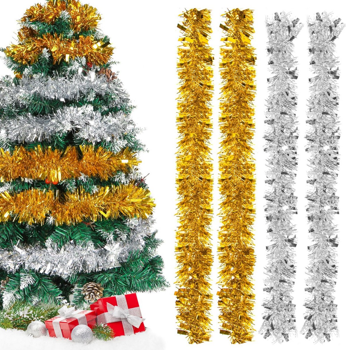 Gouden en Zilveren Lametta Kerstguirlande van 8 meter voor Binnen en Buiten