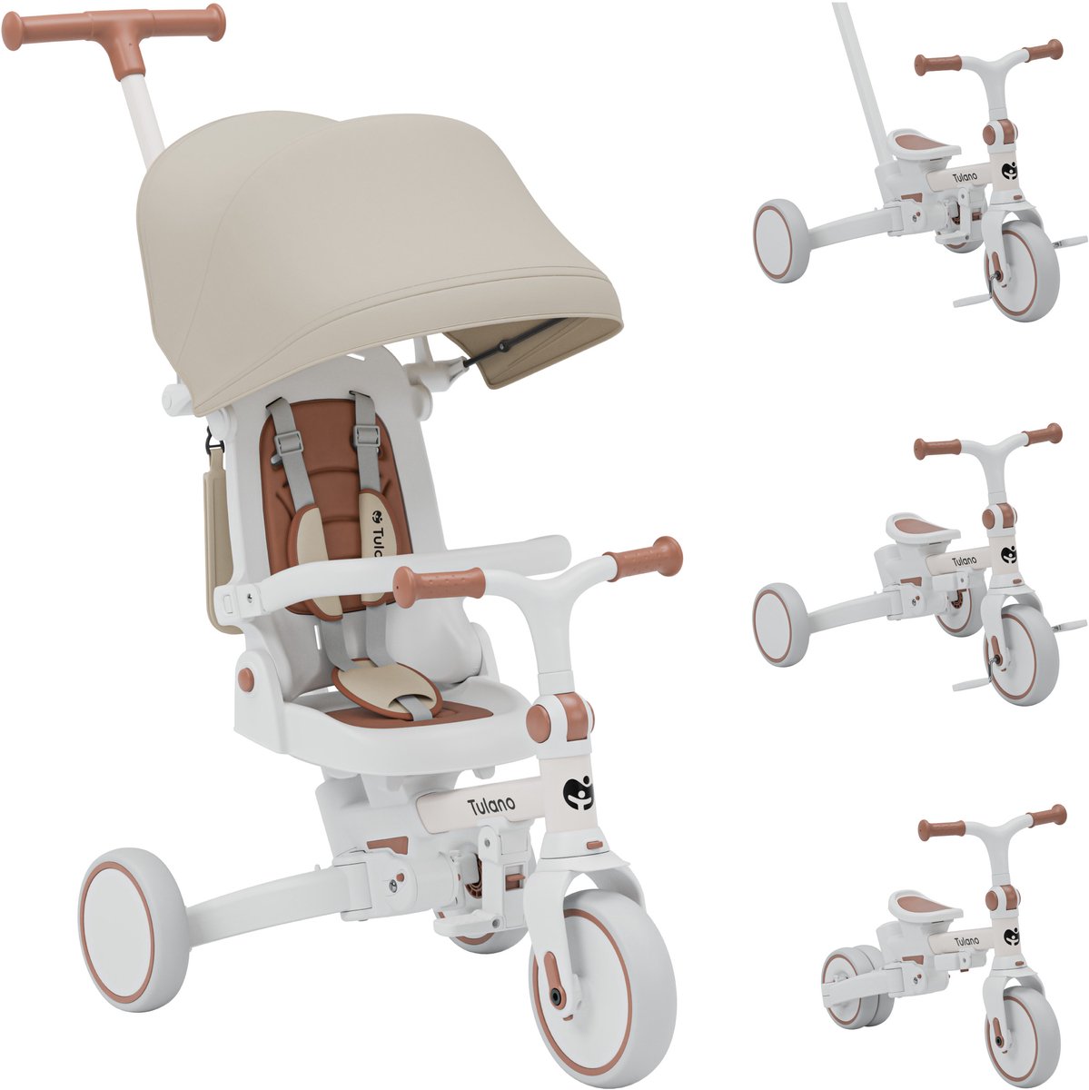 Tulano Noah 35 - Driewielige fiets - 4-in-1 driewielige fiets met duwstang, driewielige fiets om zelfstandig te rijden, loopfiets, loopfiets - met waterdichte kap - opvouwbaar - wielen van EVA-schuim - Beige