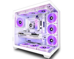 ATX Gaming PC Case met 9 PWM ARGB Fans, Mid-Tower, 270° Panoramisch Glas, Type-C, 360 mm Radiatorondersteuning, Wit