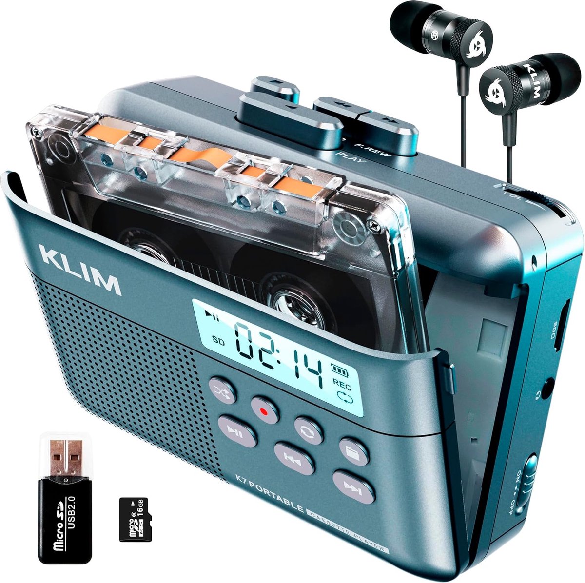Cassette Tape Speler - Draagbare Cassette naar MP3 Converter met Microfoon & Speaker - Oplaadbaar - Met Oortelefoon & 16GB SD-kaart - Blauw