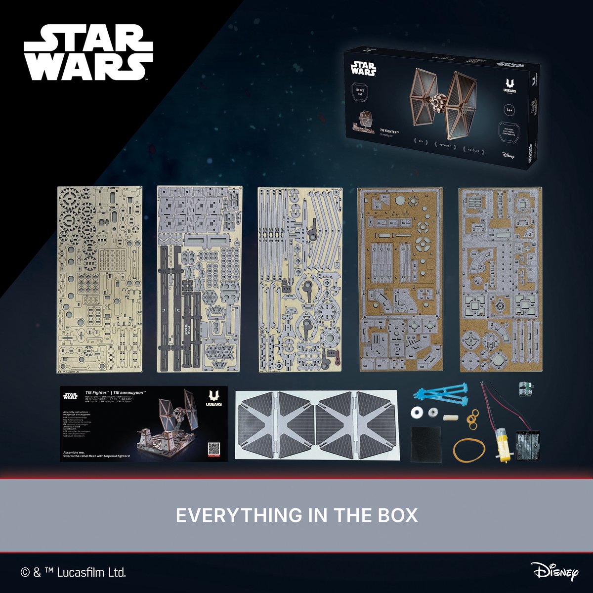 UGEARS 3D Modelbouw - Tie Fighter - Star Wars - Mechanisch Bouwpakket Hout - Educatief Speelgoed — afbeelding 7