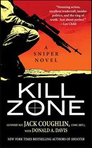 Boekcover van Kill Zone, een sniper roman met een soldaat met geweer en een oranje-rode achtergrond. Tekst: "Stunning action...", A SNIPER NOVEL, KILL ZONE, JACK COUGHLIN.