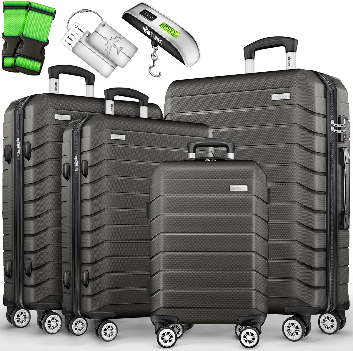 tillvex® reiskofferset 4-delig + bagageweegschaal, 8X kofferriemen & 4X kofferhangers | kofferset 4 wielen | trolley bagage koffer TSA-slot | set koffer met harde schaal S-M-L-XL, legergroen