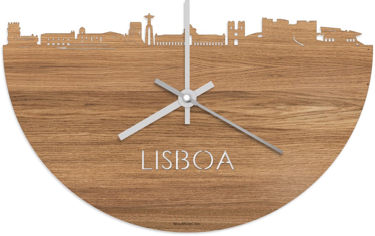 Skyline Klok Lisboa Eikenhout - Ø 40 cm - Stil uurwerk - Wanddecoratie - Meer steden beschikbaar - Woonkamer idee - Woondecoratie - City Art - Steden kunst - Cadeau voor hem - Cadeau voor haar - Jubileum - Trouwerij - Housewarming - WoodWideCities