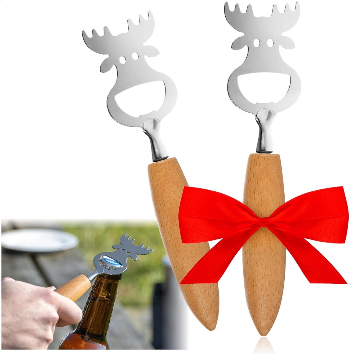 2x Roestvrijstalen Bieropener met Ergonomisch Houten Handvat