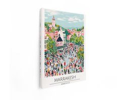 Artaza Canvas Schilderij Levendige Illustratie van de Drukke Marktplaats van Marrakech in Marokko - 30x40 cm - Klein - Wanddecoratie Woonkamer - Schilderijen - Muurdecoratie