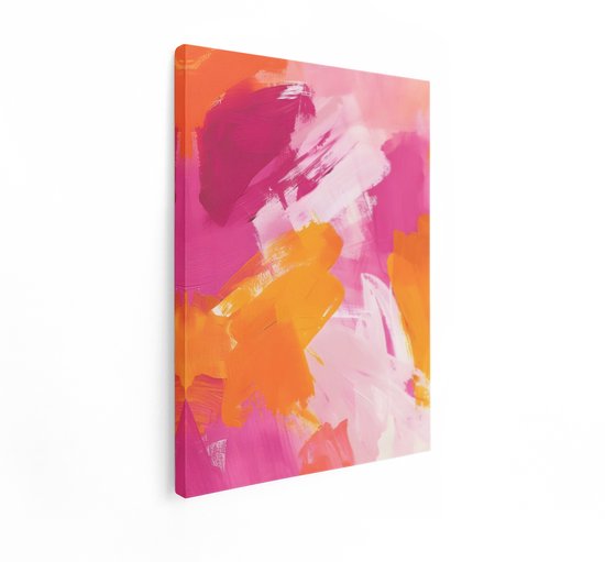 Artaza Canvas Schilderij Levendige Abstracte Penseelstreken in Felle Roze - Oranje en Witte Tinten - 60x80 cm - Wanddecoratie Woonkamer - Schilderijen - Muurdecoratie