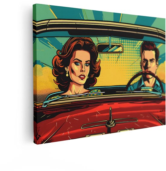 Pop Art canvas met close-up van een vrouw en man in een rode cabriolet, op de voorgrond de motorkap.