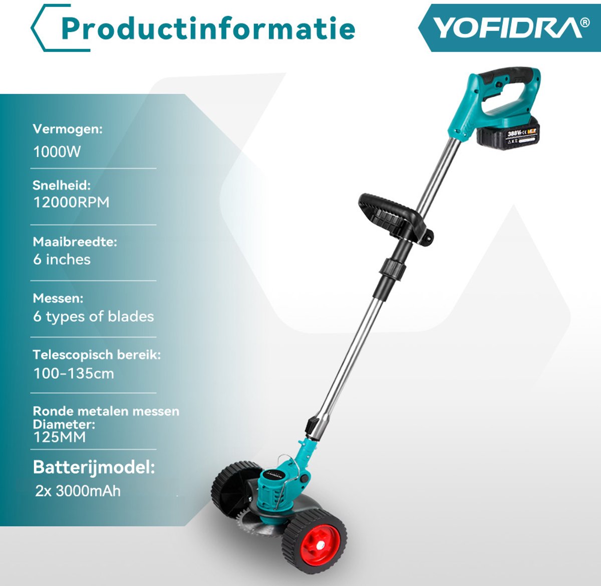 Yofidra Accu Bosmaaier - 4-in-1 Kantenmaaier - 150 mm Grastrimmer - Opvouwbaar - Draadloos & Elektrisch Grasmaaier - Incl. 2 Accu ‘s - voor gazon, struiken en onkruid. – foto 3