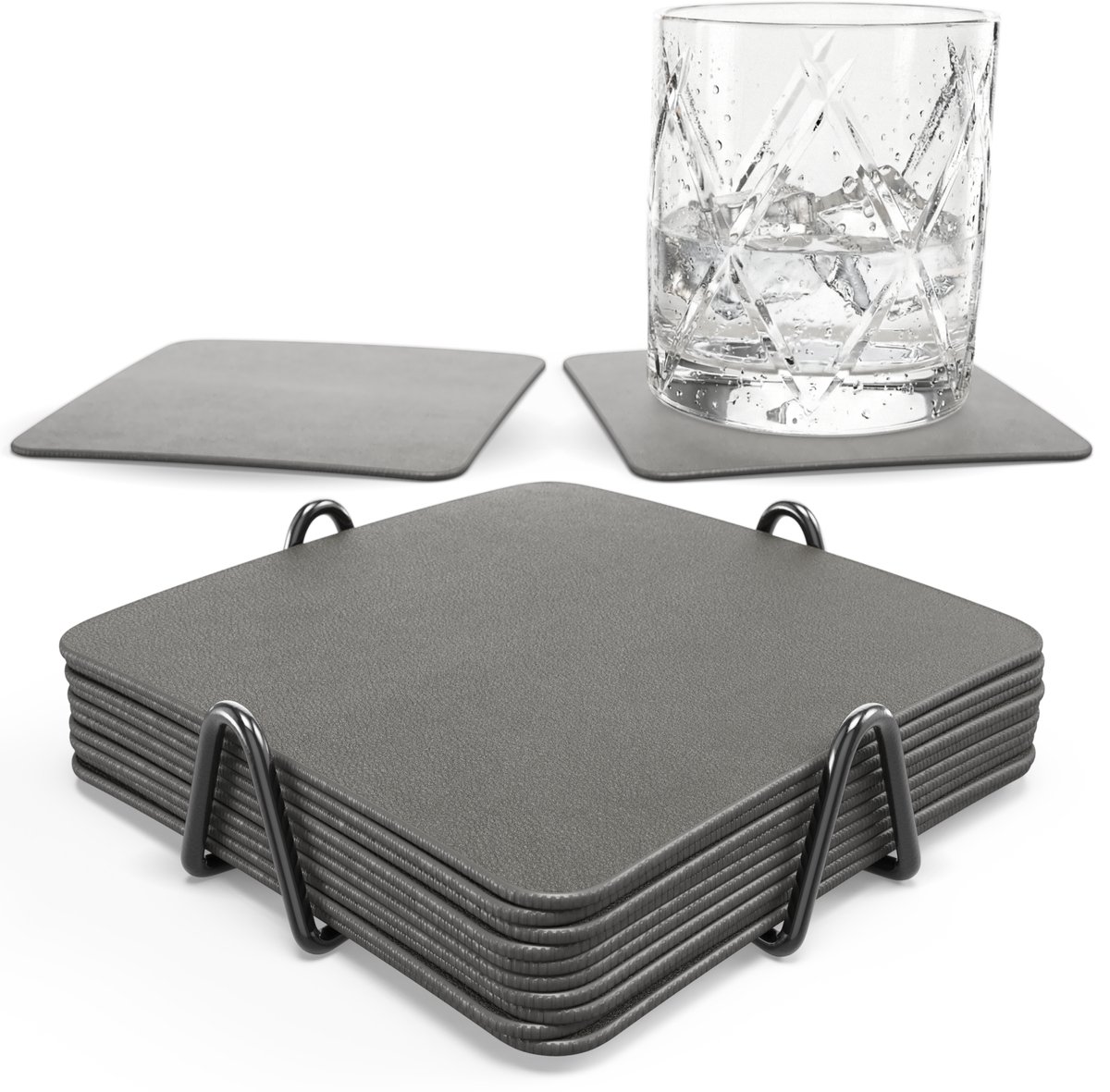 Castagnola Kunstlederen Onderzetters – Onderzetters voor Glazen – Design Onderzetters met Houder – Leren Onderzettersset met metalen houder – Leder – Set van 10 - Grijs - 10x10cm