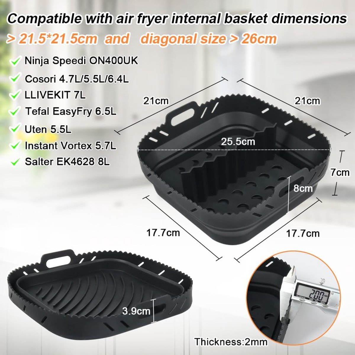 Luchtfriteuse Liner Siliconen met Verdeler, Vierkante Siliconen Luchtfriteuse Accessoires voor Ninja Speedi 5,7L / Cosori 5,5L/ Tefal/ Instant Vortex/ Philips Luchtfriteuse, 20,3 cm thumbnail 2