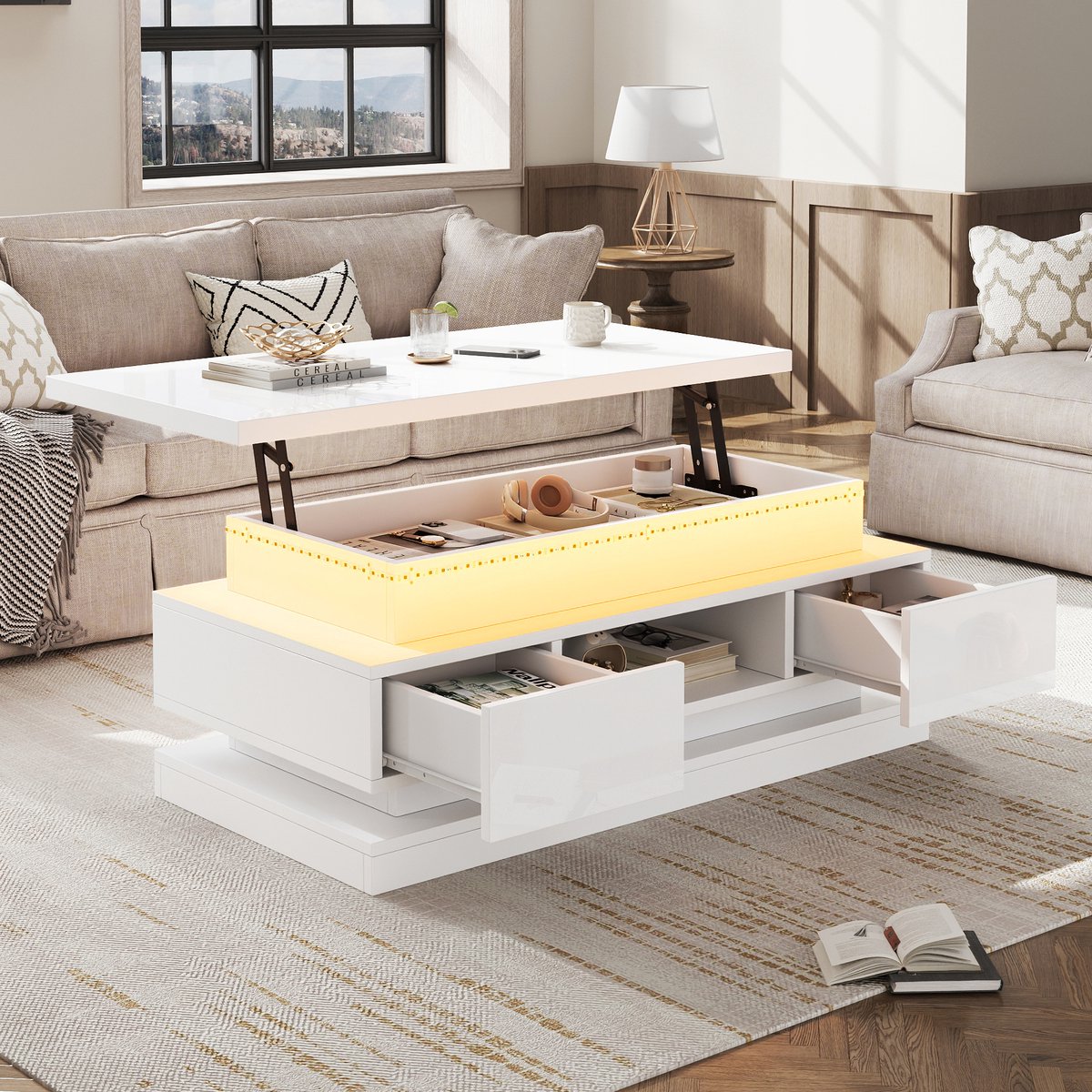Salontafel - 100x50x40 cm - Lift-Top en LED - 2 Laden en Opbergruimte - Spaanplaat - Wit