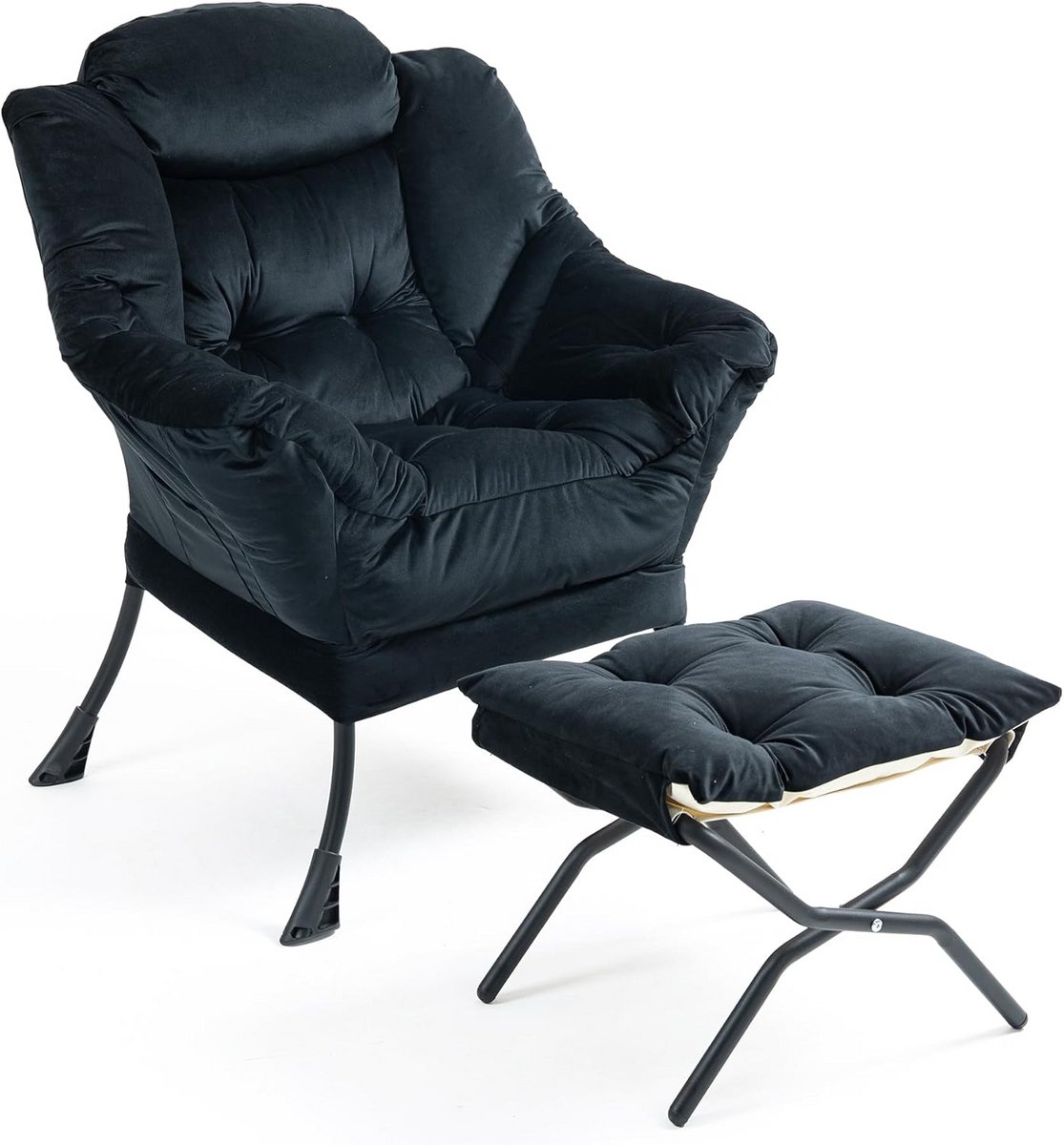 Comfortabele Fluweel Fauteuil met Voetenbank en Neksteun - Zwarte Lounge Stoel met Metalen Poten