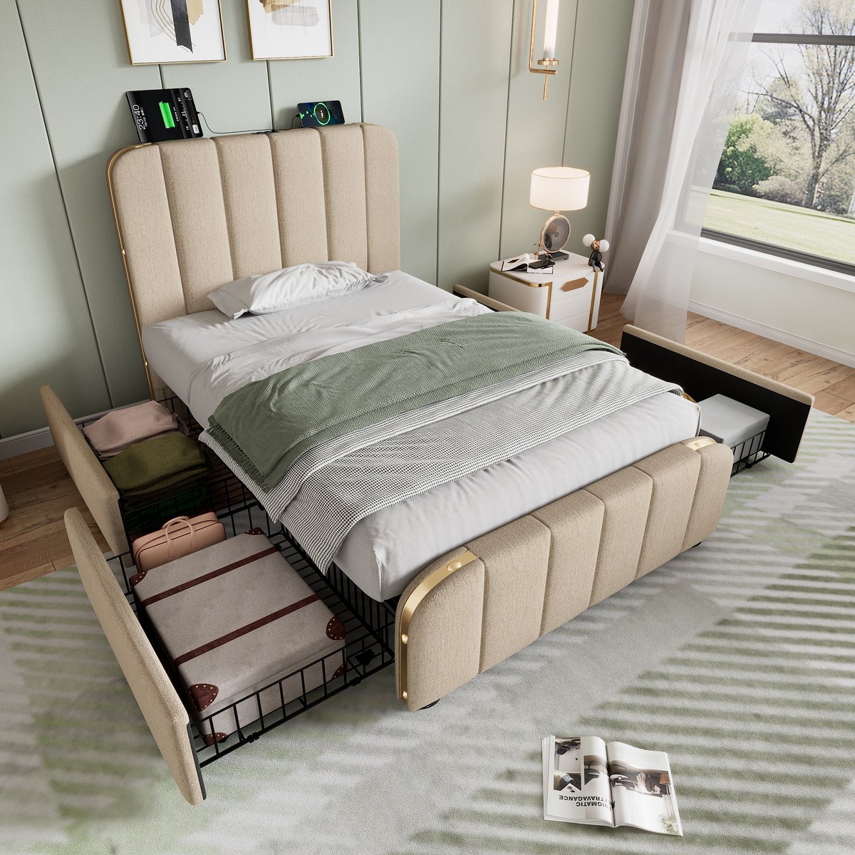 REDOM Bedframe 90x200 cm van linnen, met hoofdbord en USB/Type-C Beige
