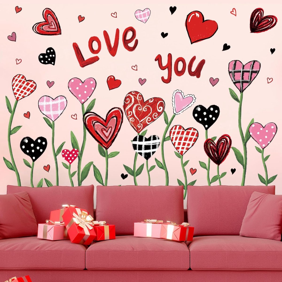 MDUG Muurstickers voor Valentijnsdag - Hart en Bloem - Raamdecoratie - Valentijnsdagversiering - Rode Hartstickers - Rode en Roze PVC Muurstickers, geschikt voor huwelijksjubilea, thuis, in de klas en op kantoor