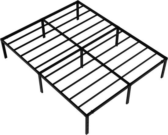 Zwart metalen bedframe, 160x200 cm, met meerdere steunbalken en poten.
