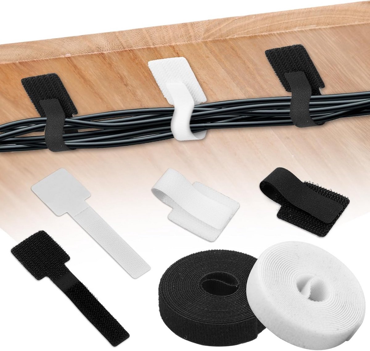 Mk stoer 40 Stuks Klittenband Kabelbinders met 2 Rollen Verlengbanden Herbruikbaar Snoerorganizer voor Thuis en op Kantoor (Wit Zwart)
