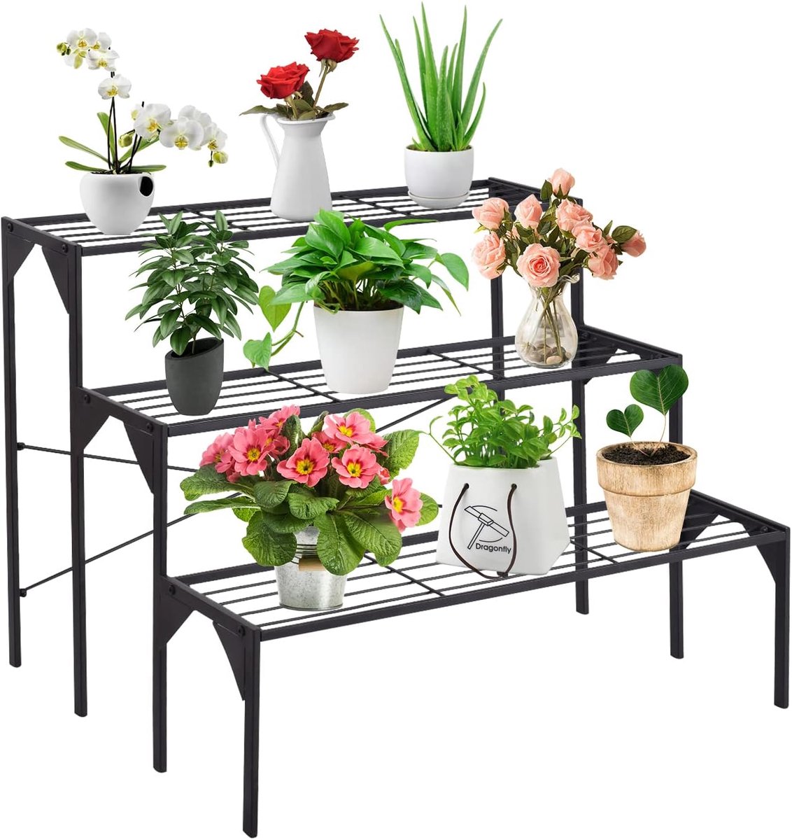 KOMFOTTEU Metalen plantenstandaard, bloementrap voor buiten, bloemenrek, plantentrap voor tuin balkon, zwart (rechthoekig, zonder patroon)