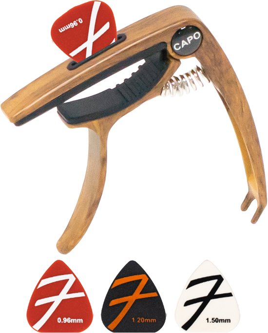 Finesse houten capo met drie plectrums: 0.96mm rood, 1.20mm zwart, 1.50mm wit.