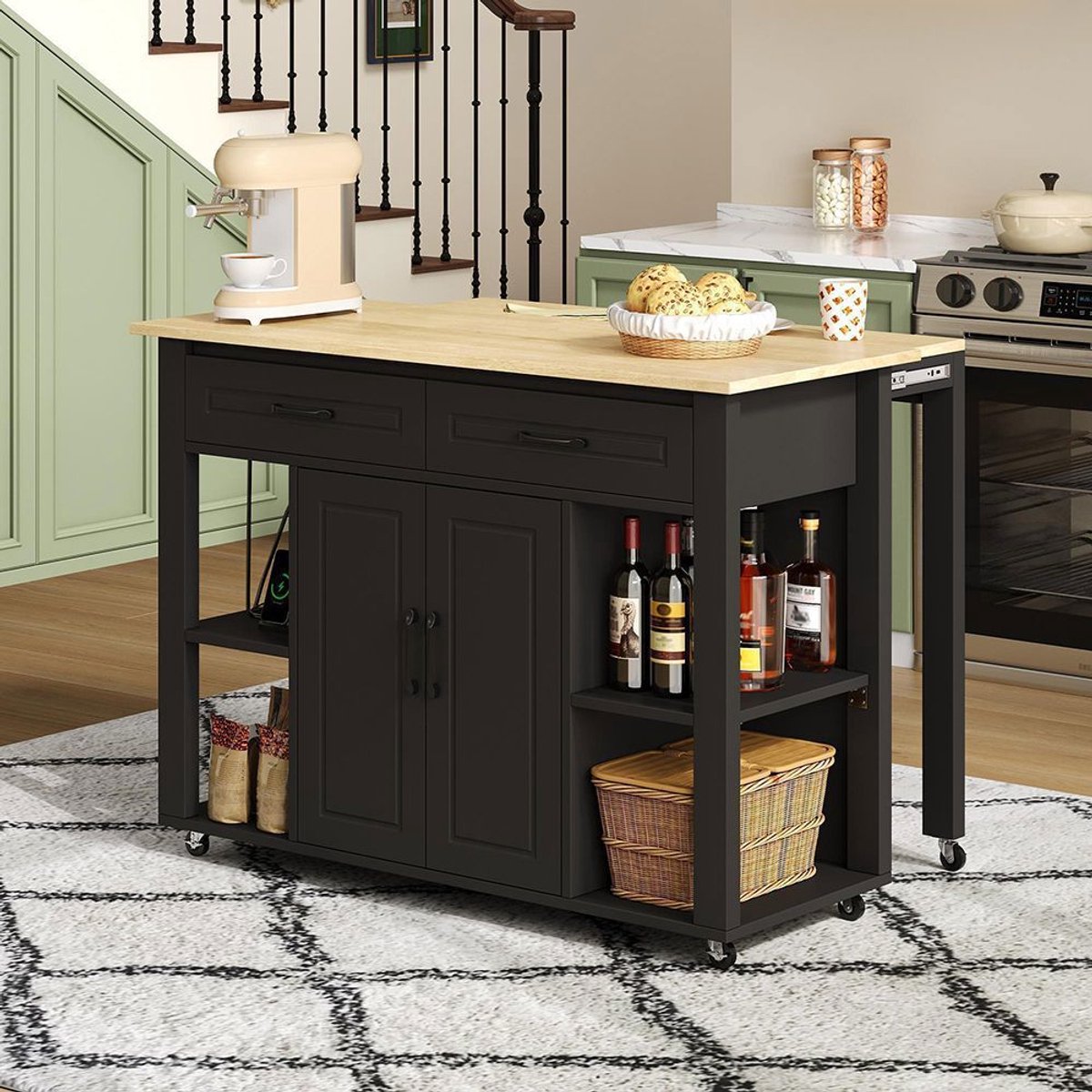 BLACKCOLORS Verrijdbaar keukenblok van 120 cm met aanrecht en stopcontacten, met 2 laden en 2 kastdeuren met planken. Geschikt voor keukens, eetkamers, woonkamers, enz.
