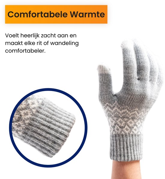 Grijze gebreide handschoen met wit Noors patroon, close-up van de manchet.