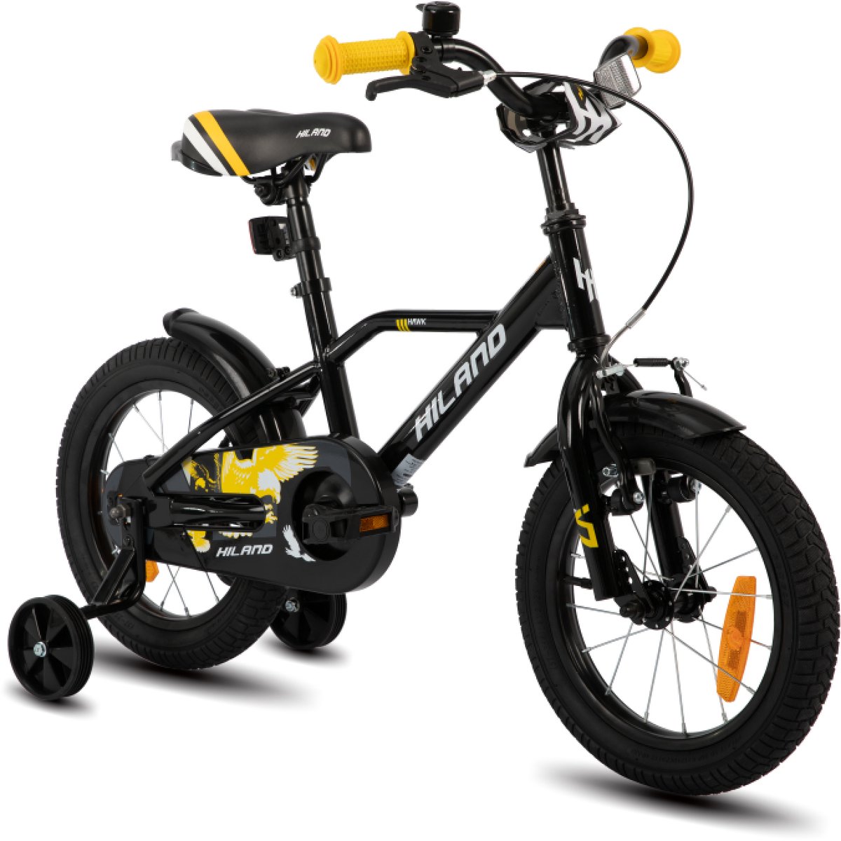 Hiland Stoere Jongensfiets - 12 Inch - Met Zijwieltjes & Standaard - Handrem & Terugtraprem - Zwart/Oranje - Geschikt voor buitenactiviteiten in de lente
