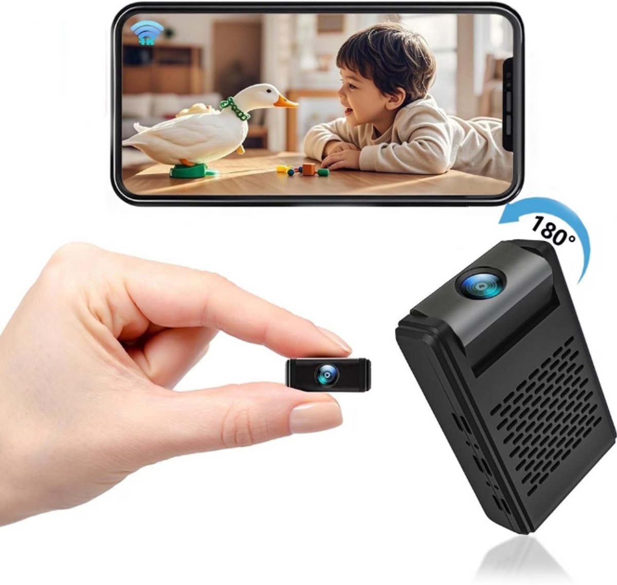Verborgen mini-beveiligingscamera, babyfooncamera, met 180° draaibare lens, 4K wifi draadloze bewaking, bewegingsdetectie en automatische nachtzichtfunctie.