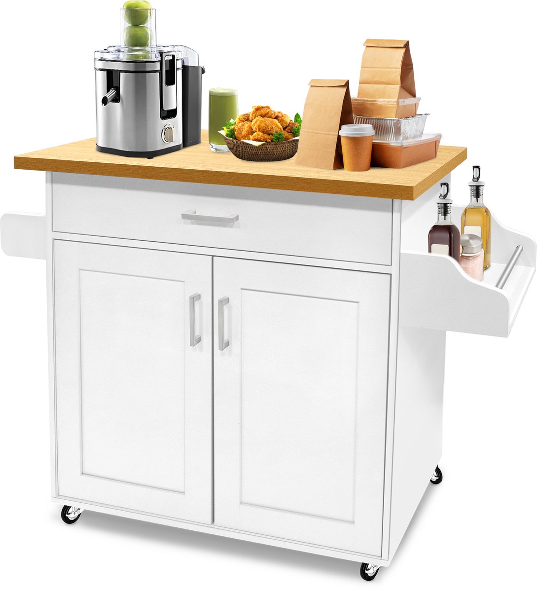Aufun keukenkast met werkblad – lade en kast – rolbaar – houten keukenwagen – keukeneiland in landelijke stijl – voor keuken en restaurant – wit – 115 x 36 x 90 cm