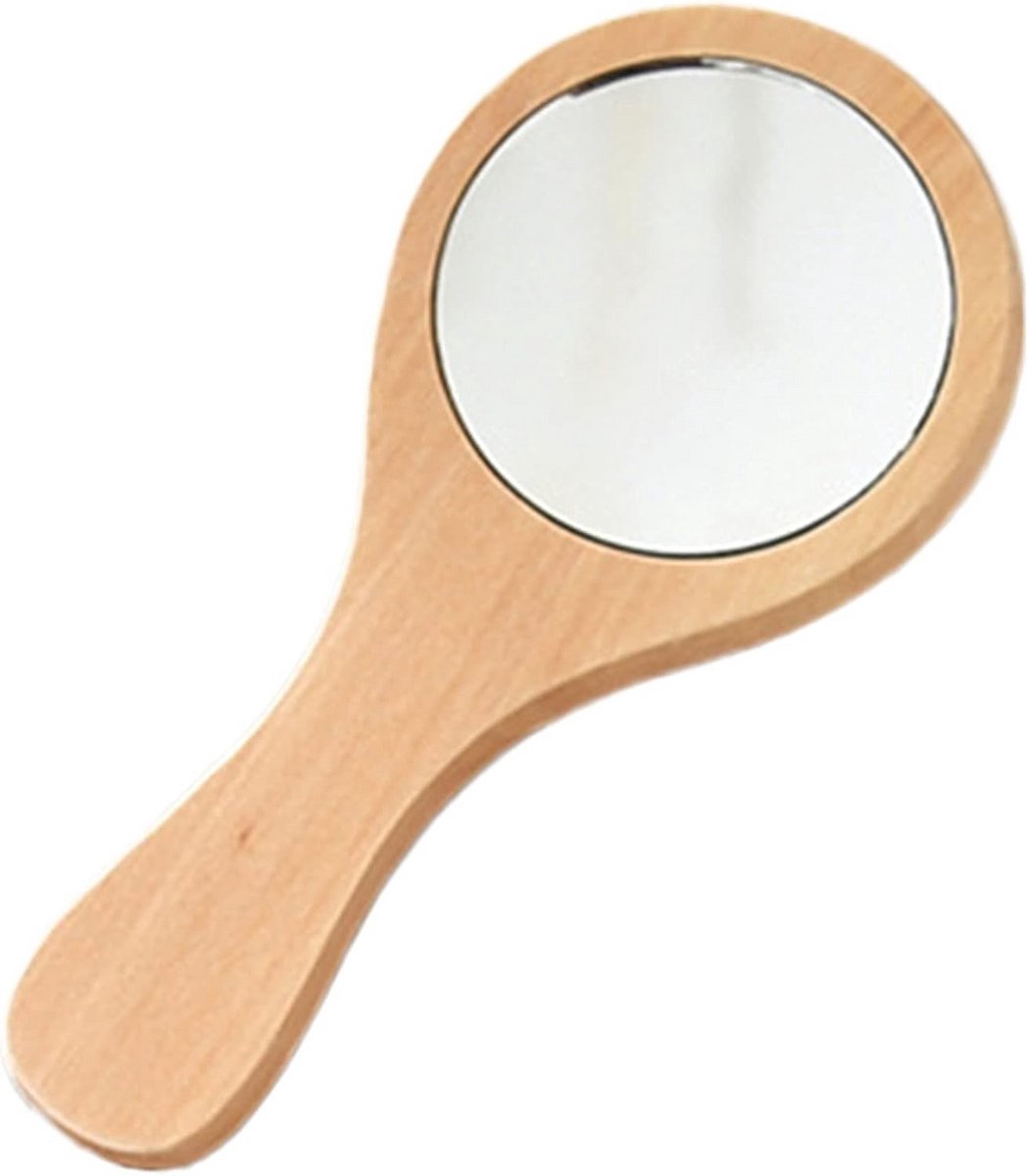 Ronde Make-up Spiegel met Houten Handvat - Draagbare Zakspiegel voor Onderweg