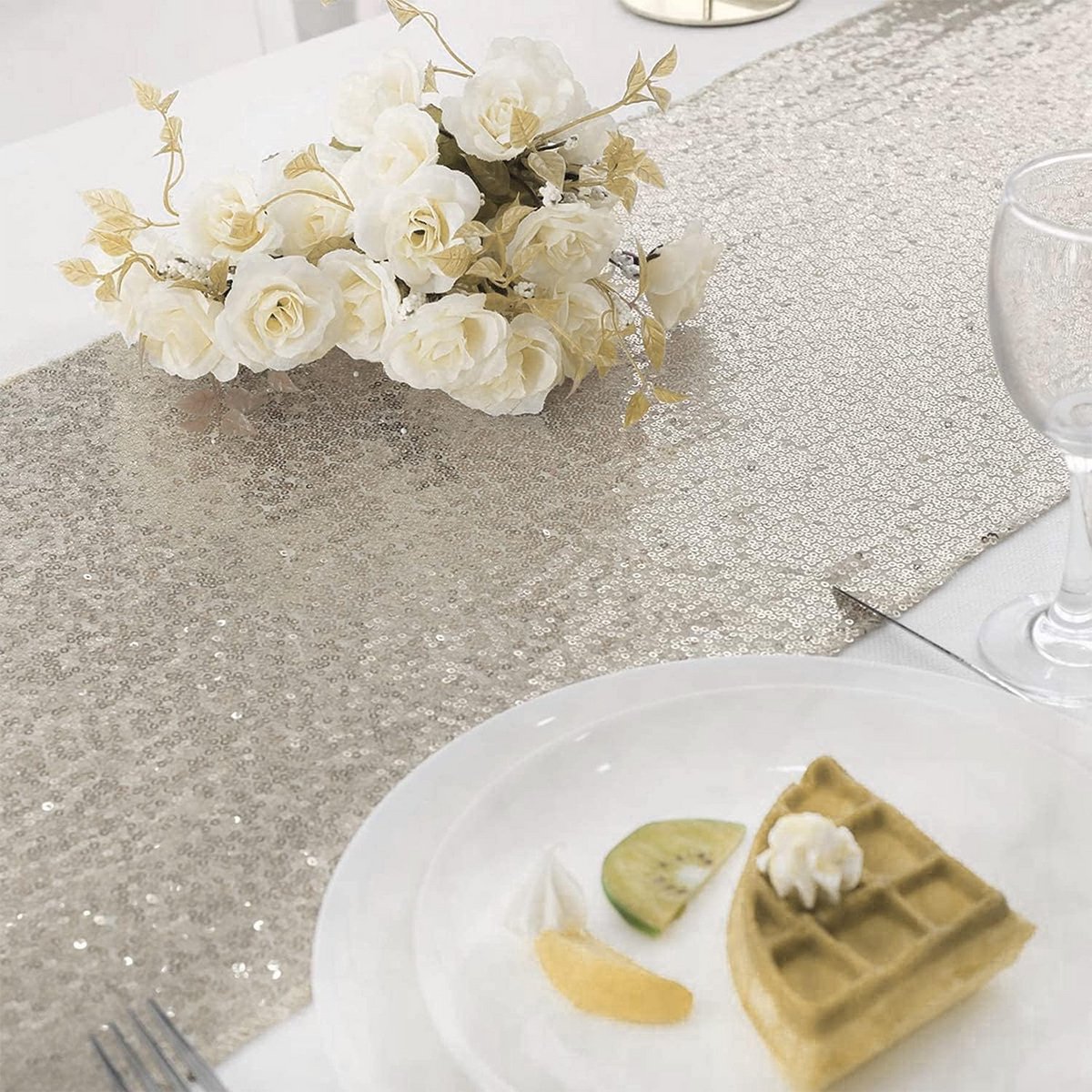 Set van 6 Champagnekleurige Glitter Tafel Loper - 30 x 180 cm - Feestdecoratie Tafelkleed