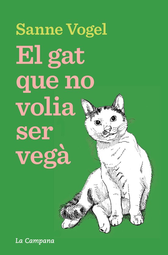 Boek "El gat que no volia ser vegà" met op de voorkant een tekening van een zwart-witte kat.