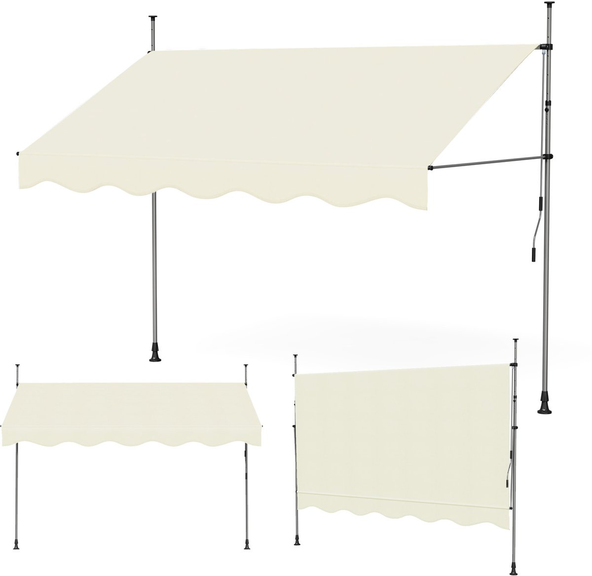 PIPIPOXER - 300x120cm Klemluifel met handslinger - Balkonluifel zonder boren - In hoogte verstelbaar - UV-bestendig, beige