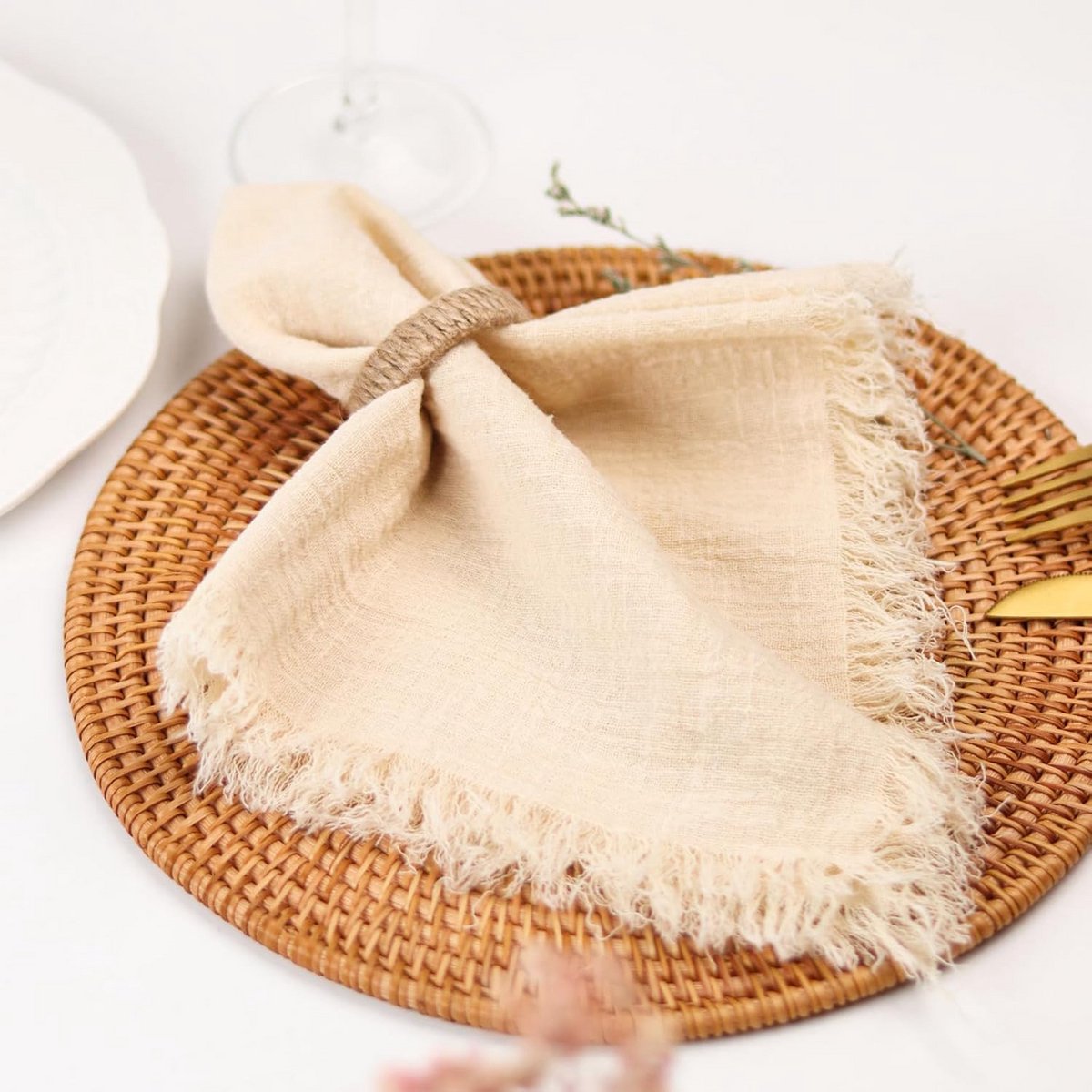 Set van 4 Linnenlook Servetten met Franje, 42x42 cm, Beige Katoenmix