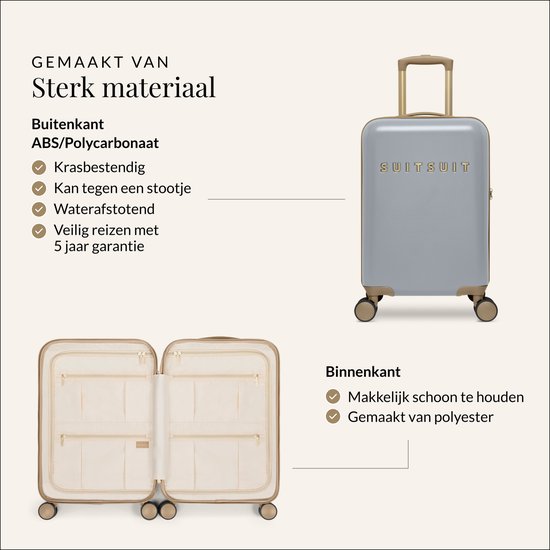 Grijze SUITSUIT koffer met gouden details. Buitenkant van ABS/Polycarbonaat. Binnenkant met polyester vakken.