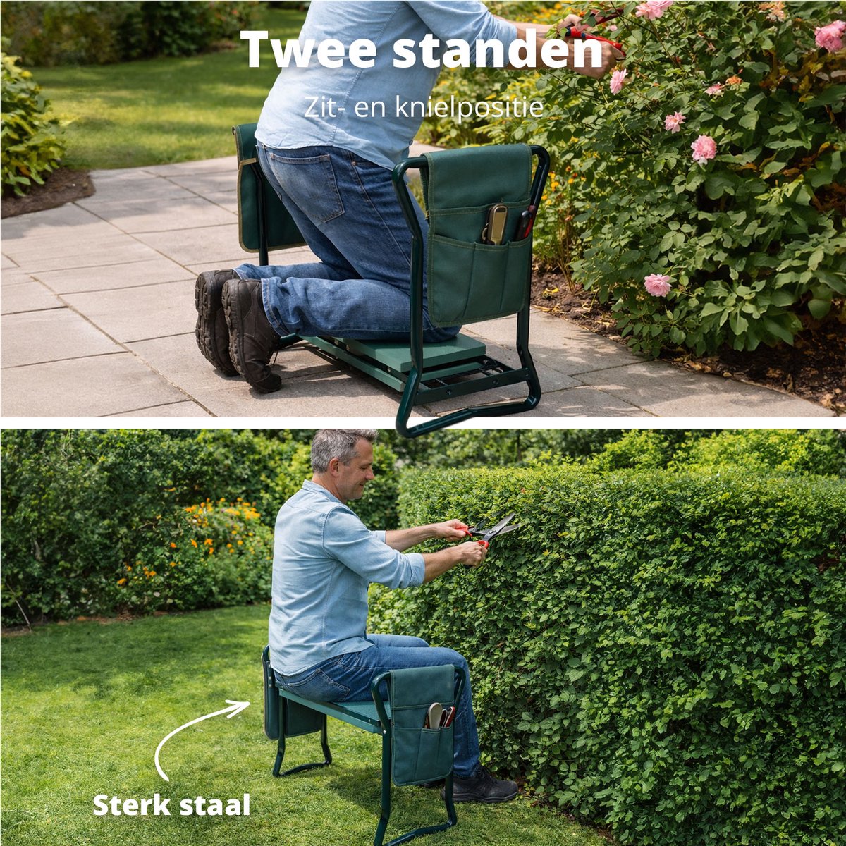 Outsunny 2-in-1 Kniebank – Inklapbare Tuinkruk Met Gereedschapstas En EVA-kussens – 58x28x49 Cm