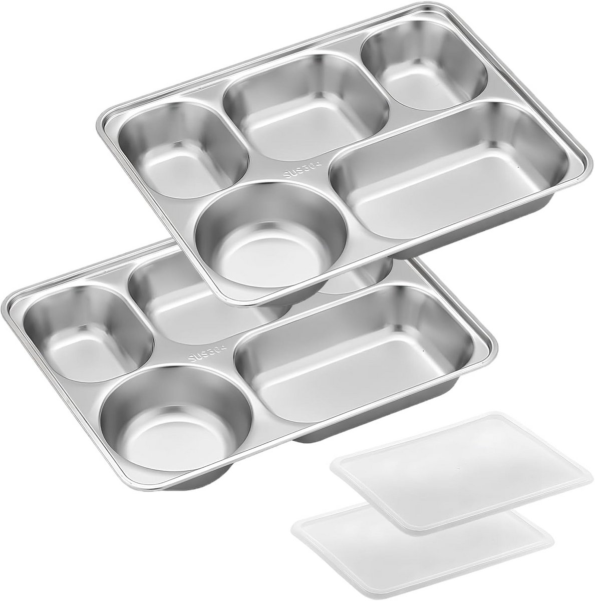 Set van 2 RVS Verdeelde Borden met Deksel - 5 Vakken Lunchbox