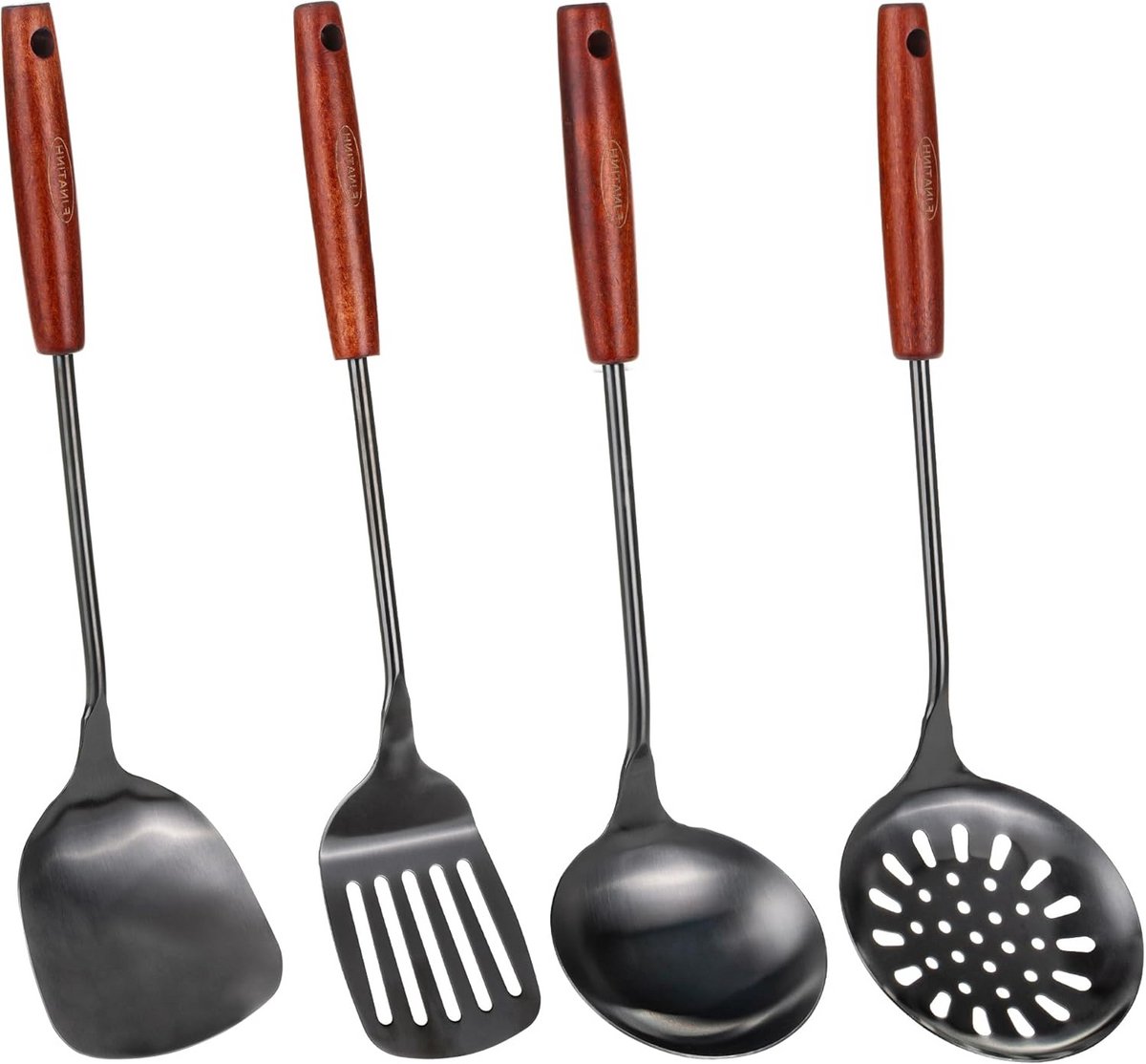 Set van 4 RVS Wok Gereedschappen: Lepel, Spatel, Schuimspaan en Sleufspatel