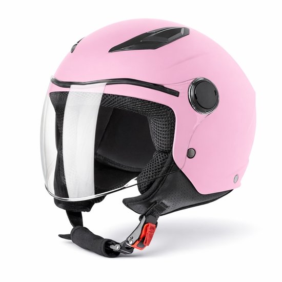Roze scooterhelm met vizier en zwarte accenten. Zijkant view.
