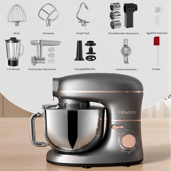 Keukenmachine - Mixer - Bakken en Koken - 1500 Watt Kracht - 10 Liter Kom - Donkergrijs — afbeelding 5