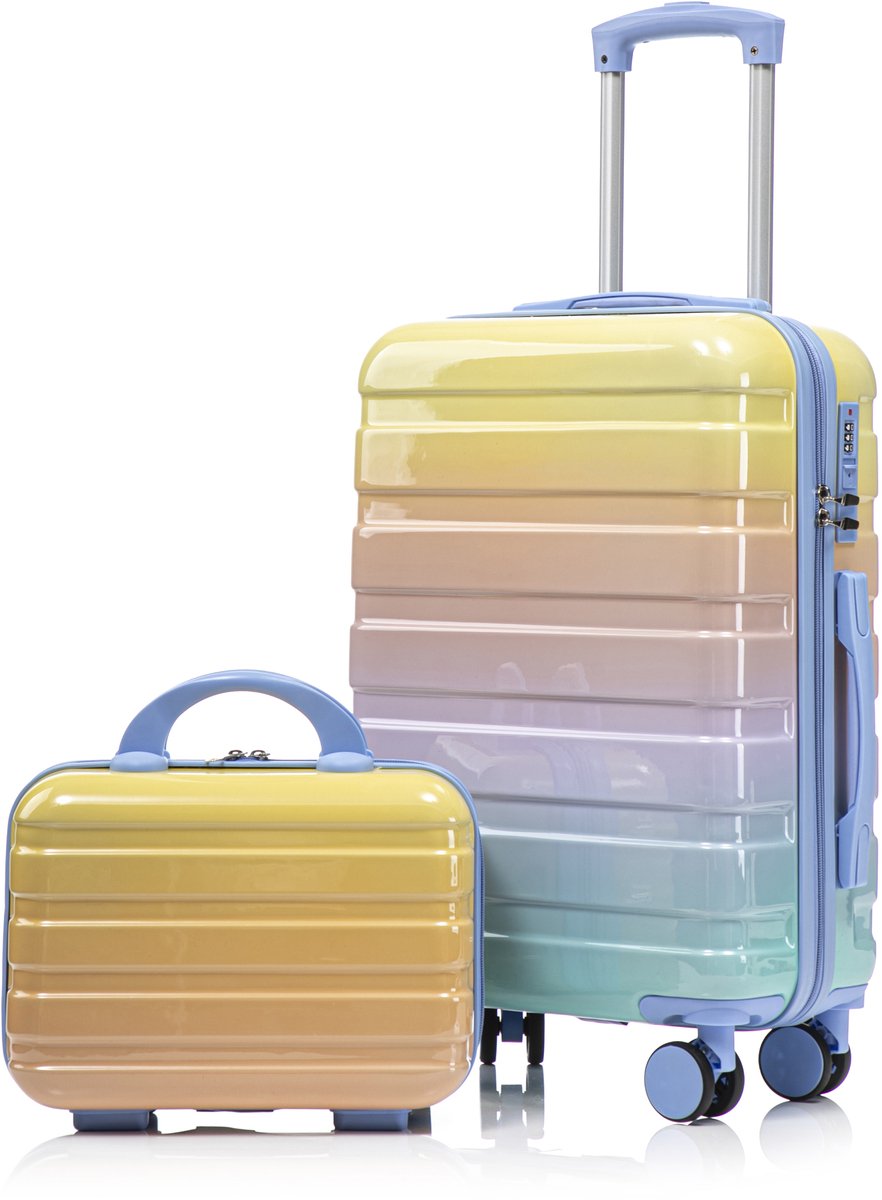 14"/20" 2-Delige PC-Kofferset met Cijferslot en 14" Make-uptas - Reiskofferset - Handbagage - Lichtgewicht - Duurzaam - Reizen - Vakantie - Geel