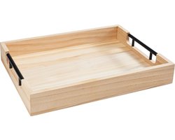 Houten Serveerschaal - Dienblad Rustika - Ambachtelijk Knutselen - Met Metalen Handgrepen - 40x30x5.8cm - Natuurlijk Hout