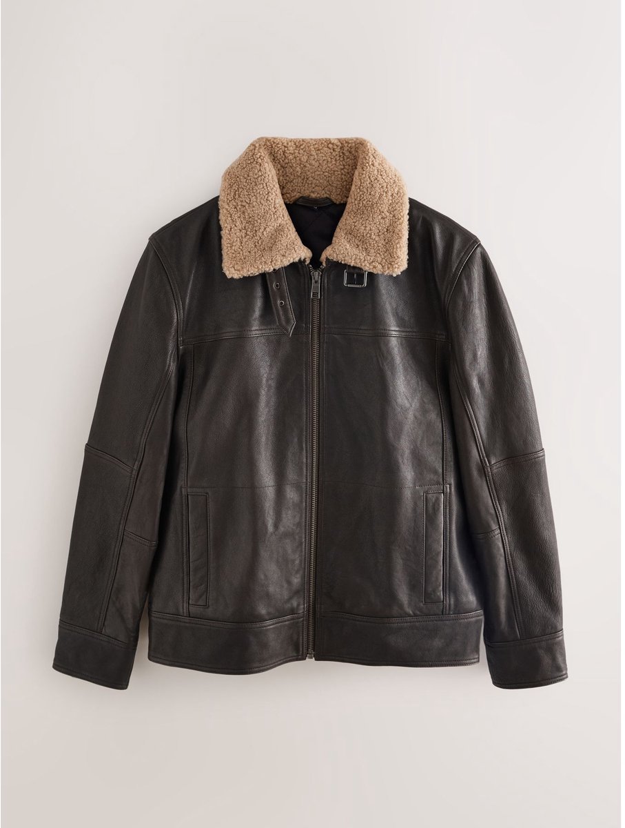 Next - Heren - Shearling Collar Leather Jacket - Bruin