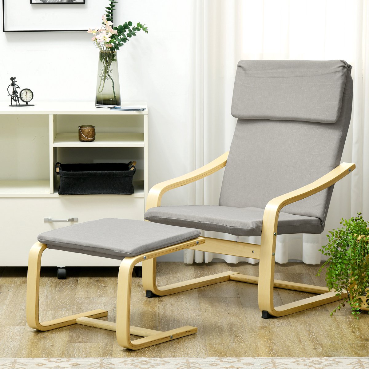 MODFU - Loungestoelset Met Voetenbank En Armleuningen - Klassiek - Voor Woonkamer Of Slaapkamer - Linnenlook - Lichtgrijs
