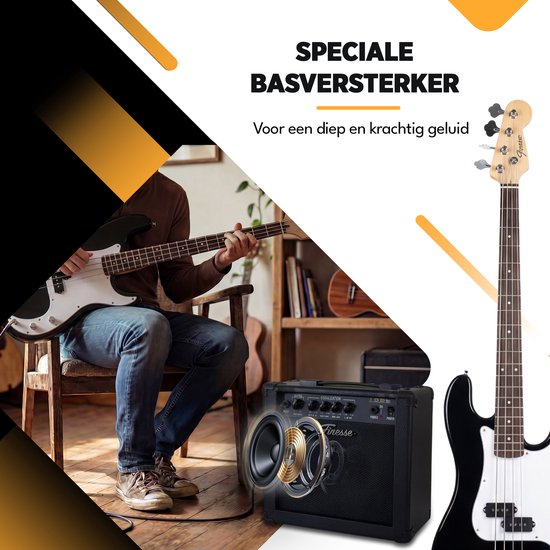 Man speelt op een zwarte basgitaar naast een Finesse versterker.
