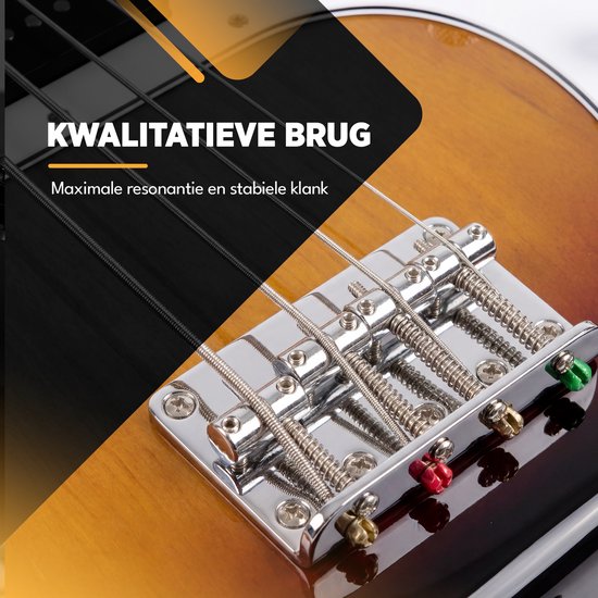 Gedetailleerde close-up van de zilverkleurige brug op een sunburst basgitaar.