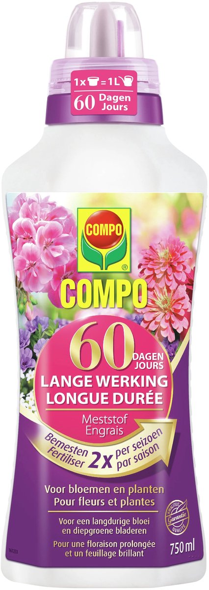 COMPO Vloeibare Meststof 60 Dagen Lange Werking - voor bloemen en planten - voor een prachtige, langdurige bloei - fles 750 ml